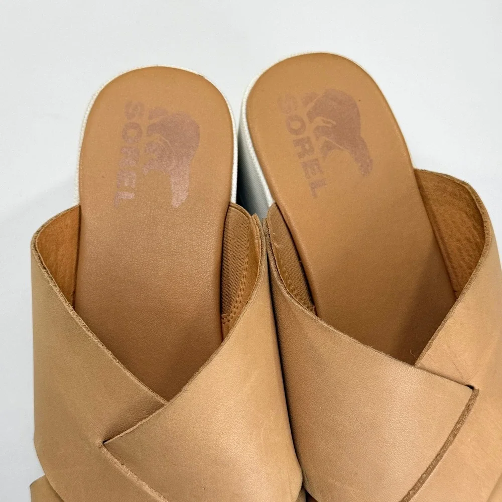 Sorel Cameron Flatform Sandal Womens 8.5 Tan Beige Leather Crisscross Boho Slide